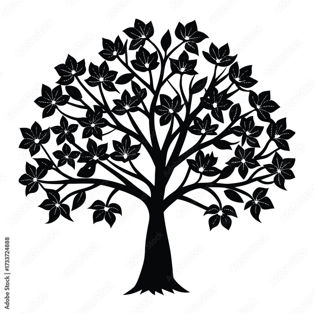 Obraz premium Black silhouette blooming tree with detailed flowers