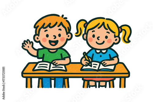Boy and girl at a school desk with books. Cartoon illustration of happy children