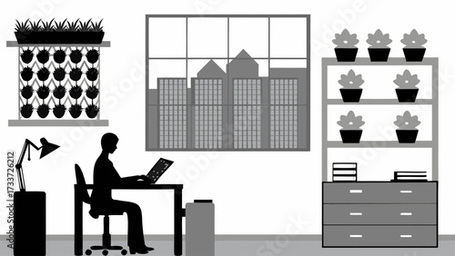 Silhouette of person at desk with laptop in room with plants and building view through a window scene