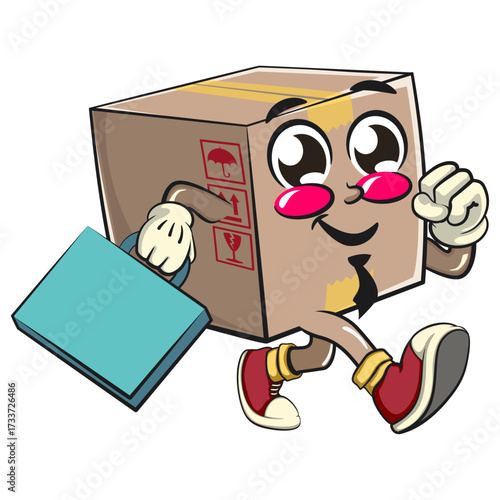 delivery cardboard box mascot cartoon character vector illustration a suitcase rushing to the office, work of hand drawn