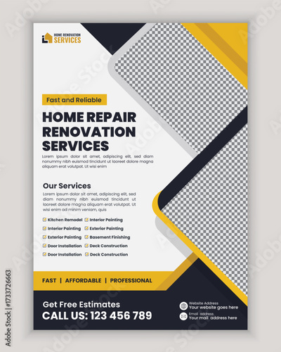 Home renovation and repair services flyer and poster design template for remodeling, carpentry, plumbing, electrician, flooring, painting, roofing, and maintenance advertisement layout.