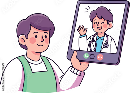 Parent video call with doctor, virtual pediatric telemedicine consultation, child health care, online doctor visit, remote medical appointment, telehealth service
