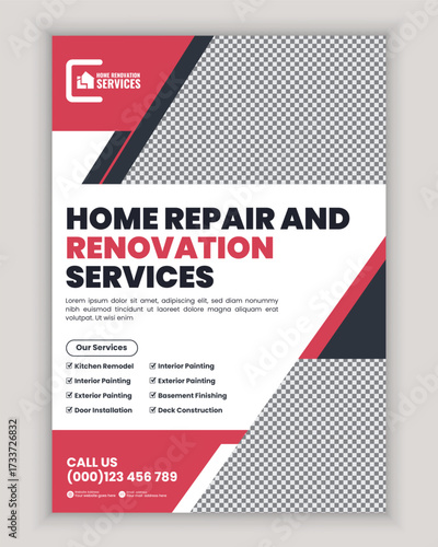 Home renovation and repair services flyer and poster design template for remodeling, carpentry, plumbing, electrician, flooring, painting, roofing, and maintenance advertisement layout.
