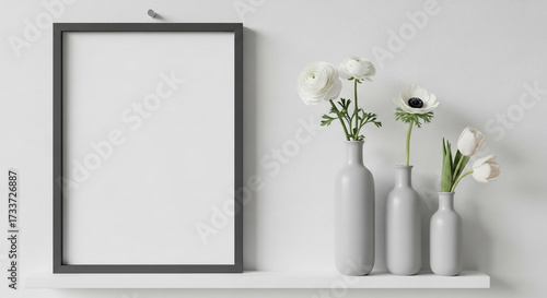 Blank frame and flowers in vases on shelf