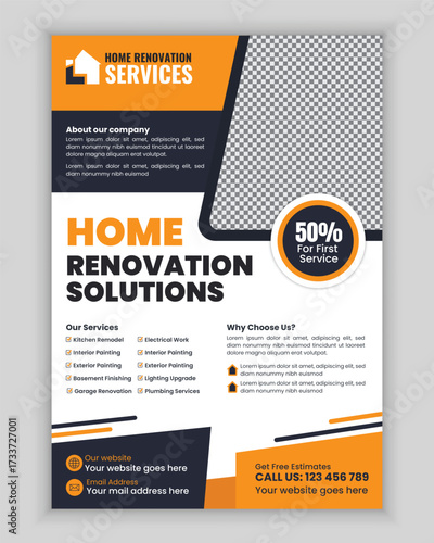 Home renovation and repair services flyer and poster design template for remodeling, carpentry, plumbing, electrician, flooring, painting, roofing, and maintenance advertisement layout.