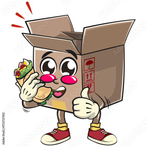 cute cardboard box mascot character vector illustration isolated with burritos while giving thumbs up, work of hand drawn