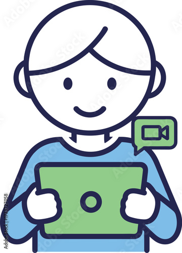 Child holding tablet icon, virtual pediatric telemedicine consultation, online healthcare service, remote medical care, digital health illustration