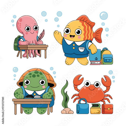Vector art of cute sea animals in school uniform attending class octopus, fish, turtle, and crab cartoon characters are studying