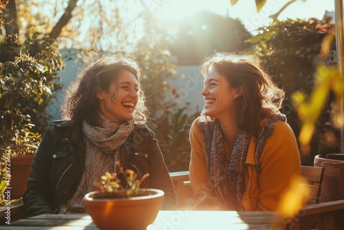Two joyful women share a sunlit laugh outdoors, captured in a warm, inviting moment of friendship and genuine happiness on a beautiful day.