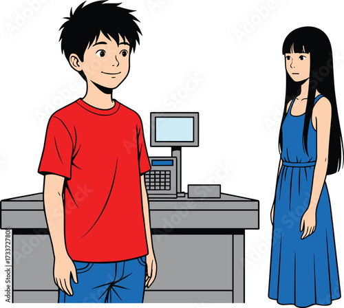 Retail shopping scene, customer service interaction, grocery store checkout counter, cashier with register