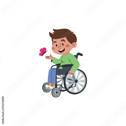 Vector illustration of a smiling, cute boy in a wheelchair looking at a butterfly. Children's exploration of nature and the environment, observations. Concepts for inclusive childhood, accessibility