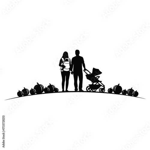 Family silhouette with stroller at pumpkin patch during autumn harvest season celebration