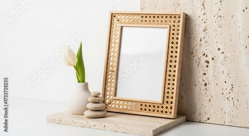 Blank wooden frame and tulip on shelf