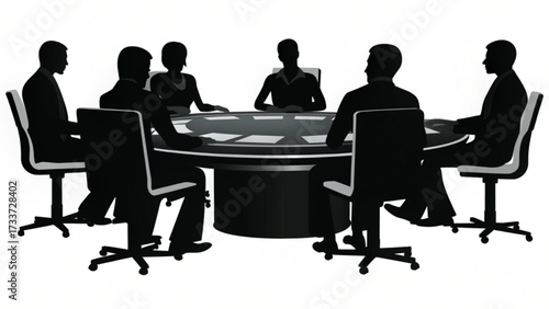 Silhouette of people sitting around a round table with chairs in a meeting or conference setting