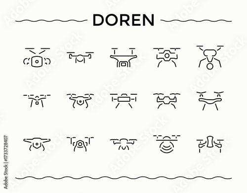 Doren Camera simple icon set. Flight modern linear icons. Trendy minimal icons. Drones icon set. Editable stroke vector art.