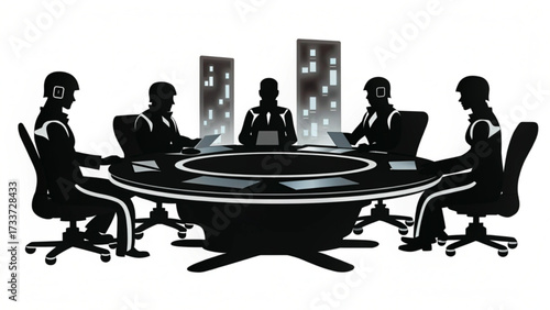 Silhouetted figures around a round table with laptops and city buildings in the background in black and white