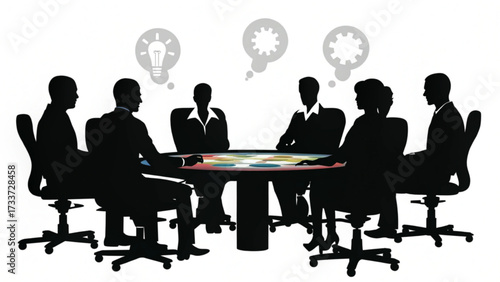 Silhouette of business people at a round table with idea and gear thought bubbles above their heads
