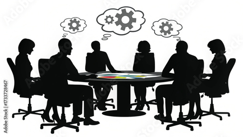 Silhouette of business people sitting around a table with gears in thought bubbles above their heads