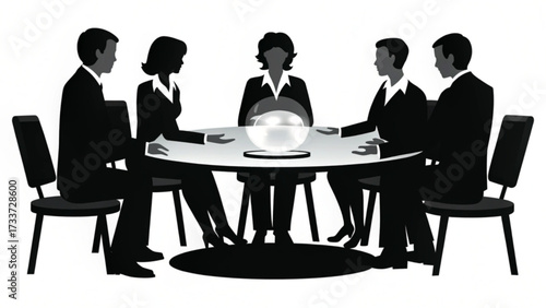 Business team meeting around a table with a crystal ball in the center in black and white style