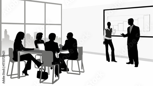 Meeting in a conference room with a presentation and city view shown in black and white silhouette style