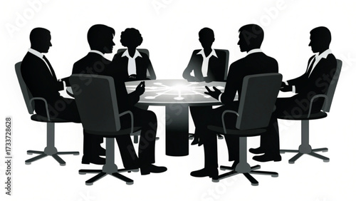 Silhouetted figures in a meeting around a table with a glowing design in a monochrome illustration