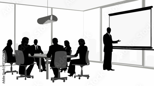 Silhouette of business people in a conference room with a presenter by a projection screen area space