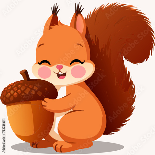 A cute and happy orange squirrel character smiling while holding a large acorn. Adorable woodland animal illustration on a white background.