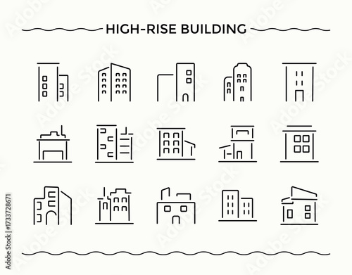 High-rise building icon set. Architecture icon set. Icons for application. Containing construction, house, architecture, home, real estate and more. Vector illustration in modern line style.