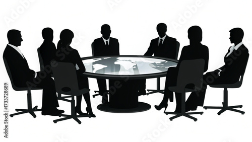 Silhouette figures in suits around a world map table in a business meeting setting illustration