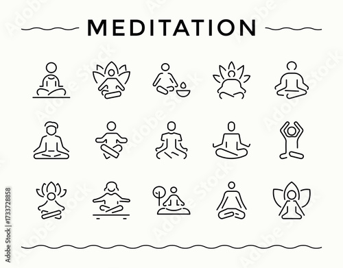 Meditation line icon set. Minimalist editable vector stroke. Meditate icon set. Contains related to spirit, therapy, meditate, balance, spiritual and more.
