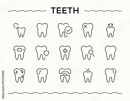 Teeth icon set. Vector outline icons collection. Health icon set. Related to treatment, health, dentist, medical, dentistry and more.