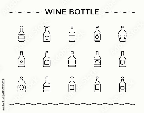 Wine Bottle icon set. Minimal icons set. Included plastic bottle, water bottle, drink, water, eco. Editable stroke. Vector collection. Bottle icon set.