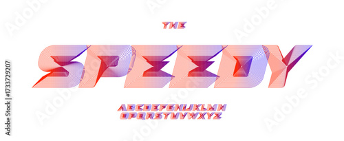 Speedy logo font, bold italic cyber alphabet. Dynamic display typeface. Red blue gradient line typescript. Fast motion for race sports branding, esports logo headline title. Vector typeset