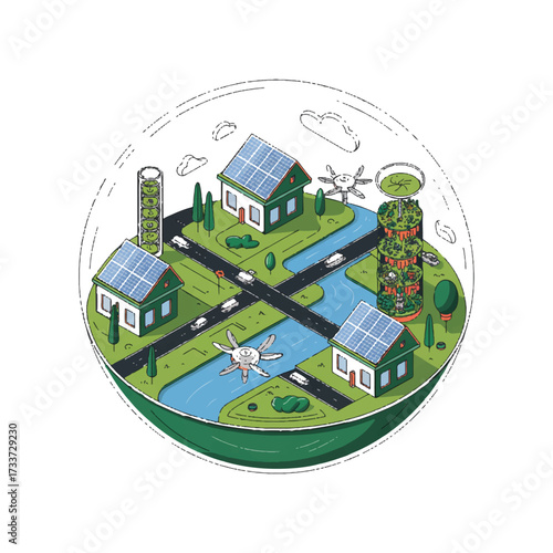 Vector art of isometric view of a sustainable city with solar panels, wind turbines, and green infrastructure