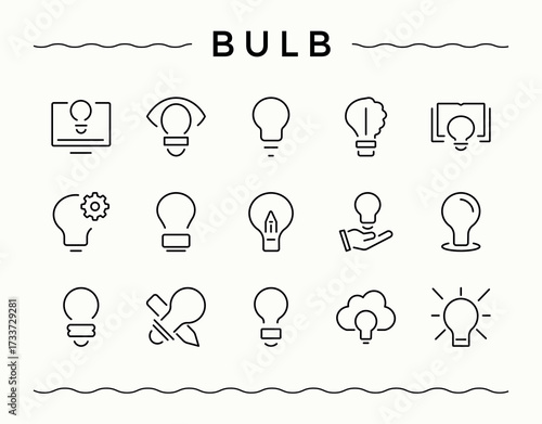 Bulb icon set. Idea simple icon set. Includes thin line symbols innovation, creativity, idea, intelligence, light, thinking, creative and more. Editable vector art and illustration.