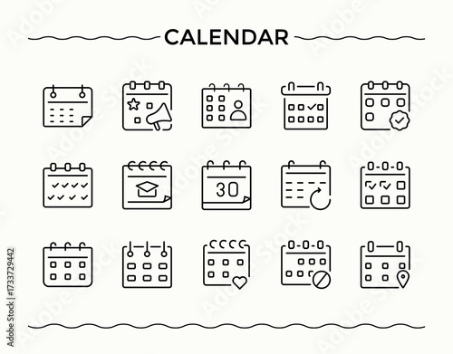 Calendar icon set. Line symbol and sign. Vector illustration in modern line style. Calendar linear icon collection. Containing deadline, event, plan, day, organize, month and more.