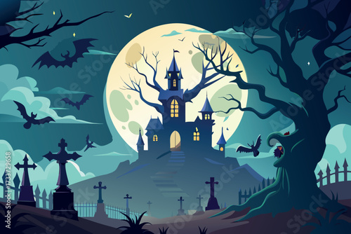 Spooky haunted mansion under a giant full moon with bats and a graveyard
