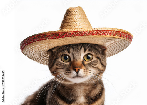 cute domestic cat wearing a sombrero hat; fun and festive pet portrait, perfect for holiday decorations, greeting cards, party invitations, or humorous designs