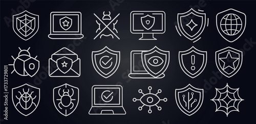 Outlined cybersecurity icons with shields, bugs, checkmarks, monitors, envelopes, and circuits. Malware alert, antivirus system, email and network security. Line stroke style. Vector illustration.