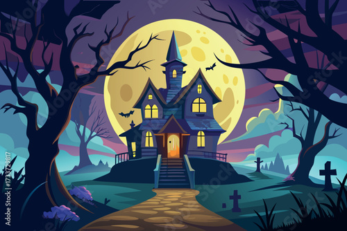 Spooky haunted house under a giant full moon with bats and graveyard