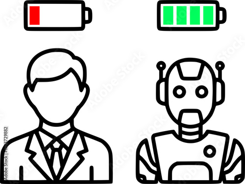 The concept of replacing a human with a robot: a low battery charge above a human's head symbolizes fatigue and inefficiency, while a fully charged robot represents endless energy and automation.