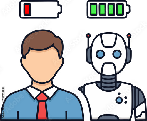 The concept of replacing a human with a robot: a low battery charge above a human's head symbolizes fatigue and inefficiency, while a fully charged robot represents endless energy and automation.