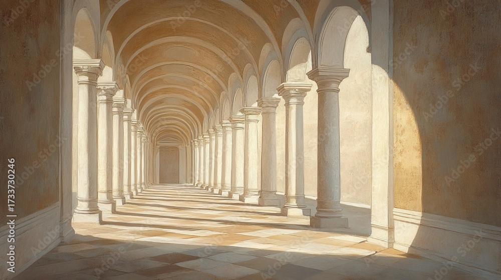 Fototapeta premium Sunlit Colonnade: A Serene Architectural Masterpiece