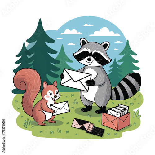 Vector art of squirrel and raccoon delivering letters in the forest cute cartoon animals with mail, trees and clouds illustration
