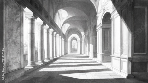 Wallpaper Mural Sunlit Colonnade: A Masterpiece in Architectural Drawing Torontodigital.ca