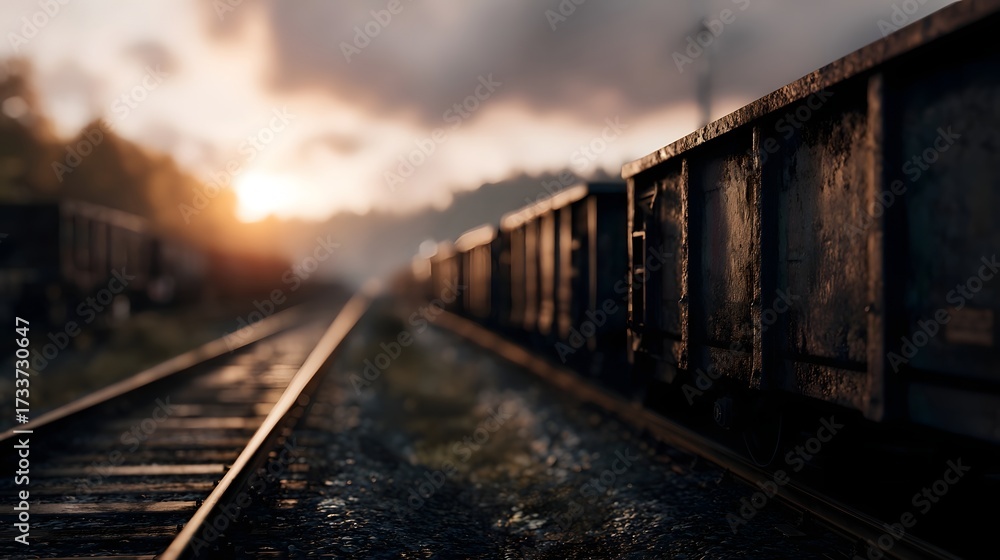 Fototapeta premium A train of freight wagons on a railway track during a dramatic golden hour sunset with atmospheric clouds and warm light