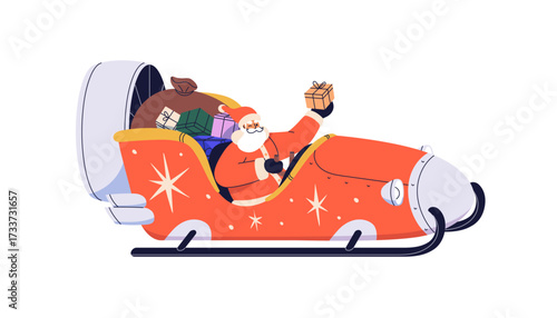 Santa Claus driving motor sleigh with gift boxes, festive presents in bag, sack. Xmas spaceship sledge. Christmas and New Year rocket sled. Flat vector illustration isolated on white background