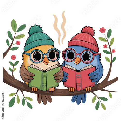 Vector art of two adorable birds wearing winter hats and glasses are reading books together on a branch