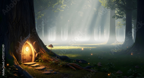 Secret magical home inside an old tree trunk, with a small glowing door in a sunlit, enchanted fantasy forest clearing