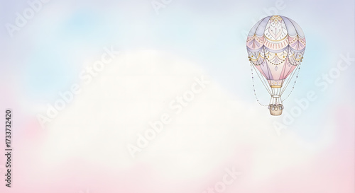 Whimsical fantasy hot air balloon floating in a gentle pink and blue sky, symbolizing a dream-like romantic adventure